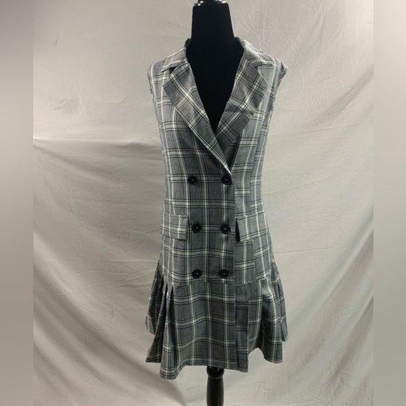 Plaid Double Breasted Pleated Hem Vest Blazer Dress - Picture 6 of 6